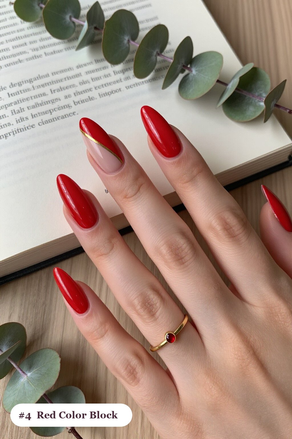 Long Stiletto Red Nails With Diagonal Colour‑Block Split and Thin Gold Line - winter red nails