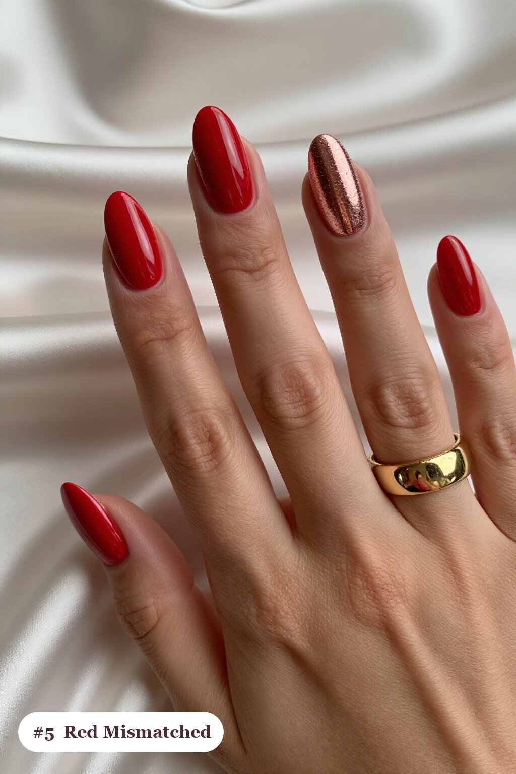 Medium Almond Red Nails Featuring a Mismatched Pattern Set With Rose Gold Details - winter red nails