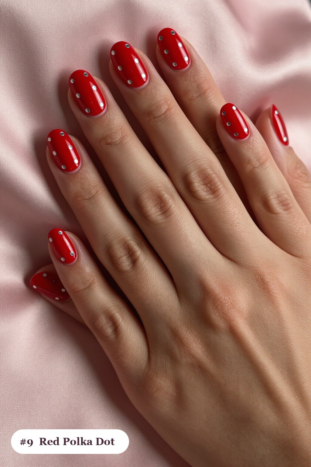 Short Square Red Nails With Playful Two‑Tone Polka Dots and Silver Details - winter red nails