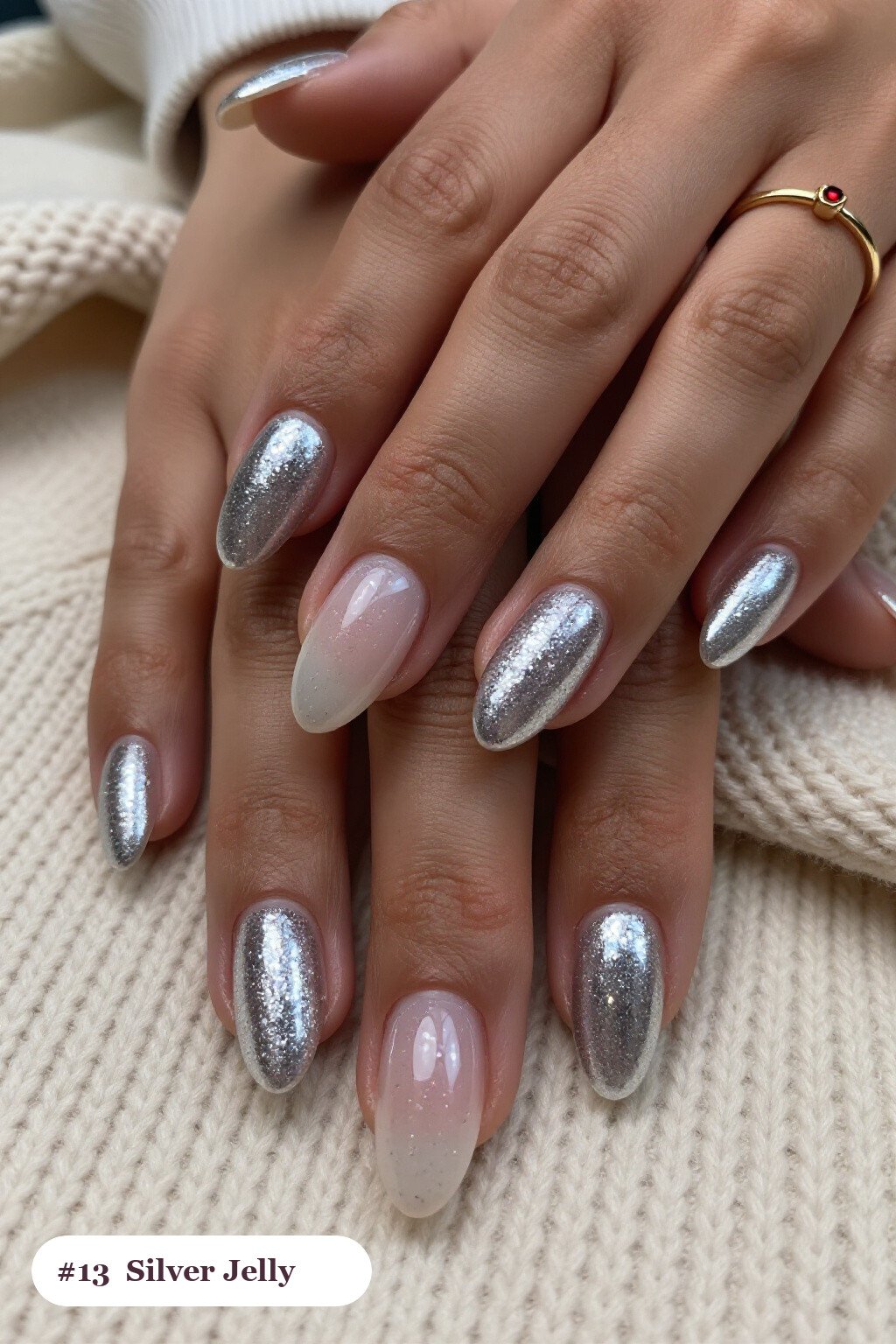 Silver Short Almond Nails in See‑Through Jelly Finish with Encapsulated Glitter - winter short nails Silver Short Almond Nails in See‑Through Jelly Finish with Encapsulated Glitter - winter short nails