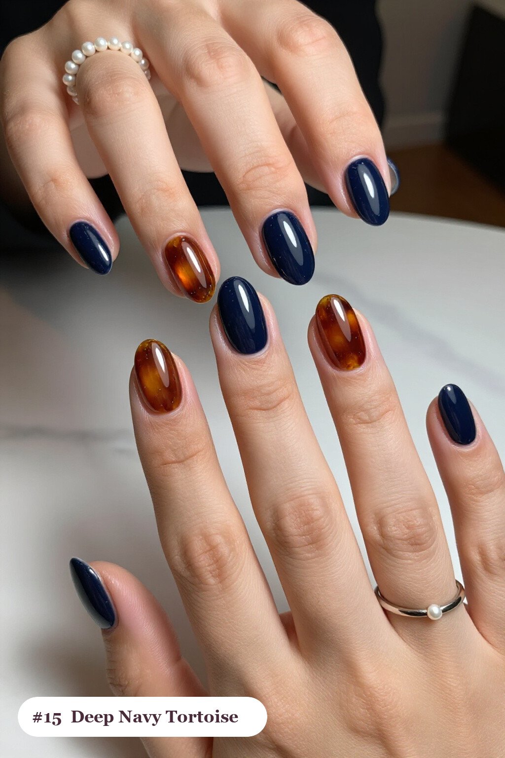 Deep Navy Short Almond Nails with Glossy Amber Tortoiseshell Accents - winter short nails Deep Navy Short Almond Nails with Glossy Amber Tortoiseshell Accents - winter short nails