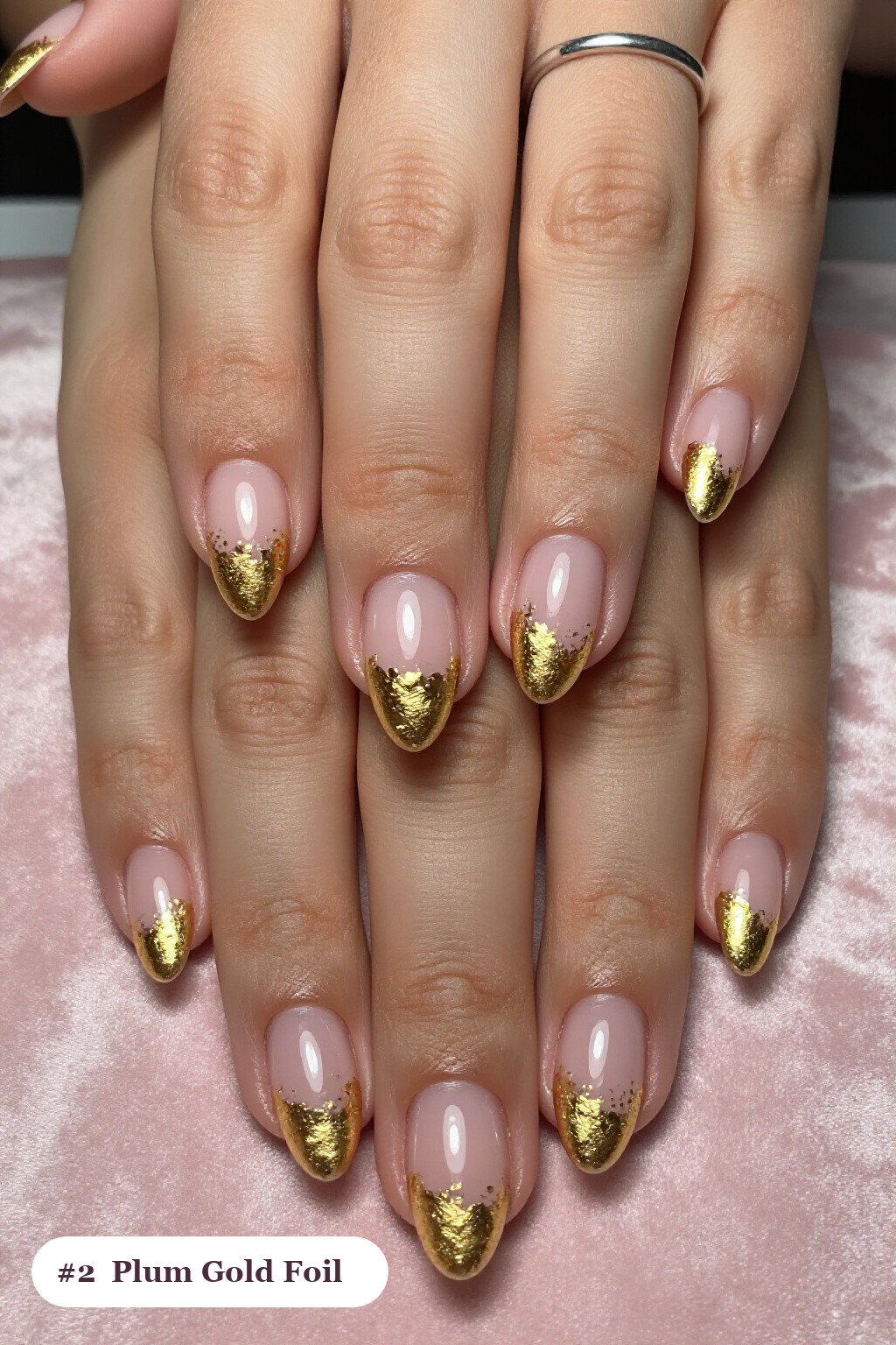 Plum Short Almond Nails Dressed in Gold Foil Flakes and Gold Leaf - winter short nails Plum Short Almond Nails Dressed in Gold Foil Flakes and Gold Leaf - winter short nails