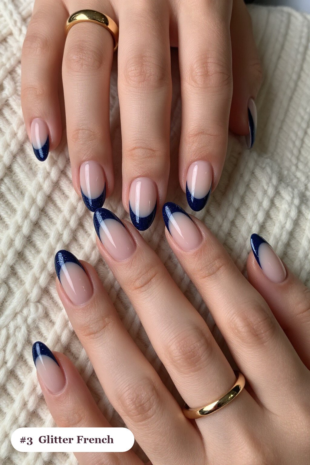 Deep Navy Short Almond Nails with Glitter‑Packed French Tips on Sheer Nude - winter short nails Deep Navy Short Almond Nails with Glitter‑Packed French Tips on Sheer Nude - winter short nails