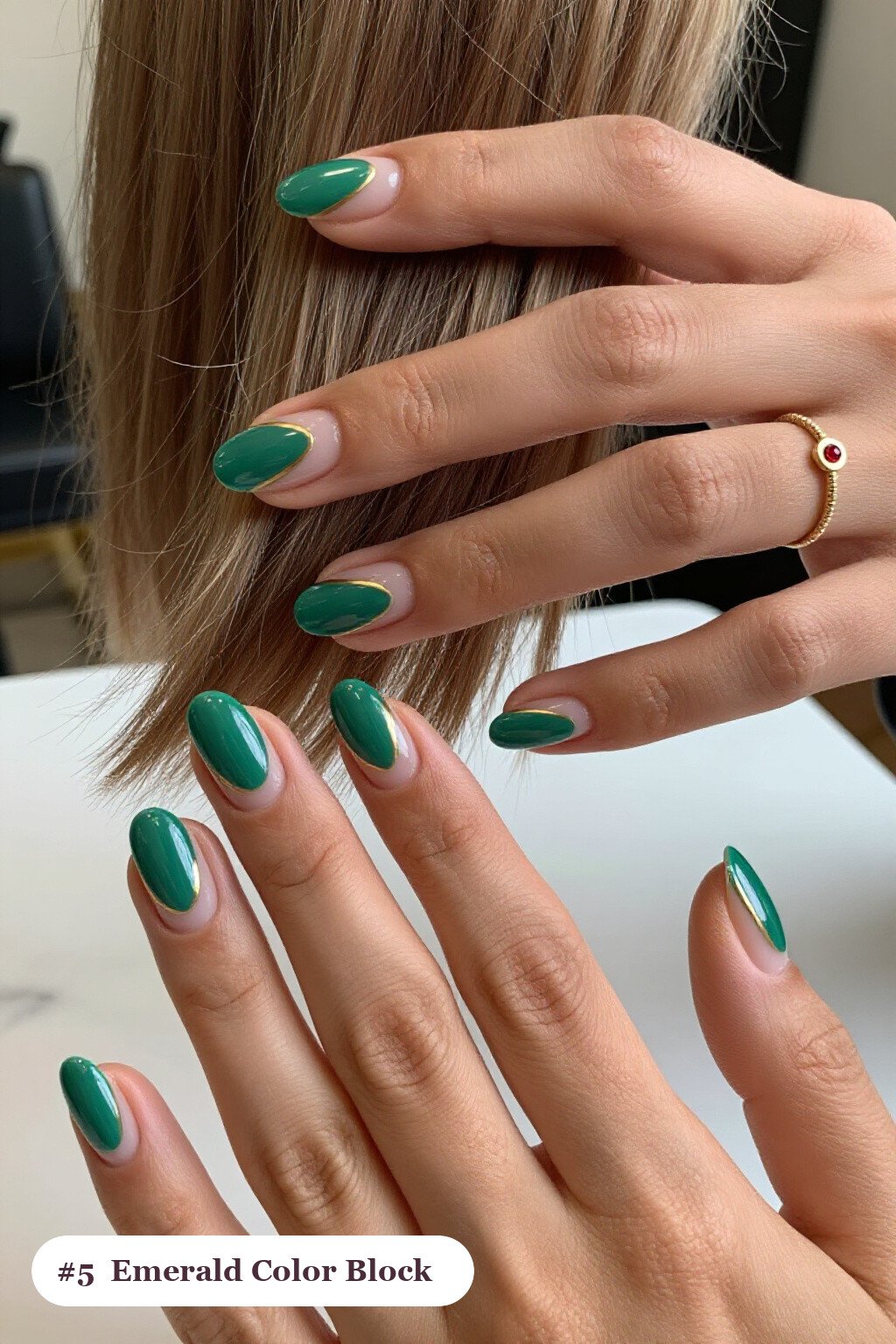 Emerald Short Almond Nails Color‑Block Diagonal with Thin Gold Line: Best Shades for Every Season - winter short nails Emerald Short Almond Nails Color‑Block Diagonal with Thin Gold Line: Best Shades for Every Season - winter short nails
