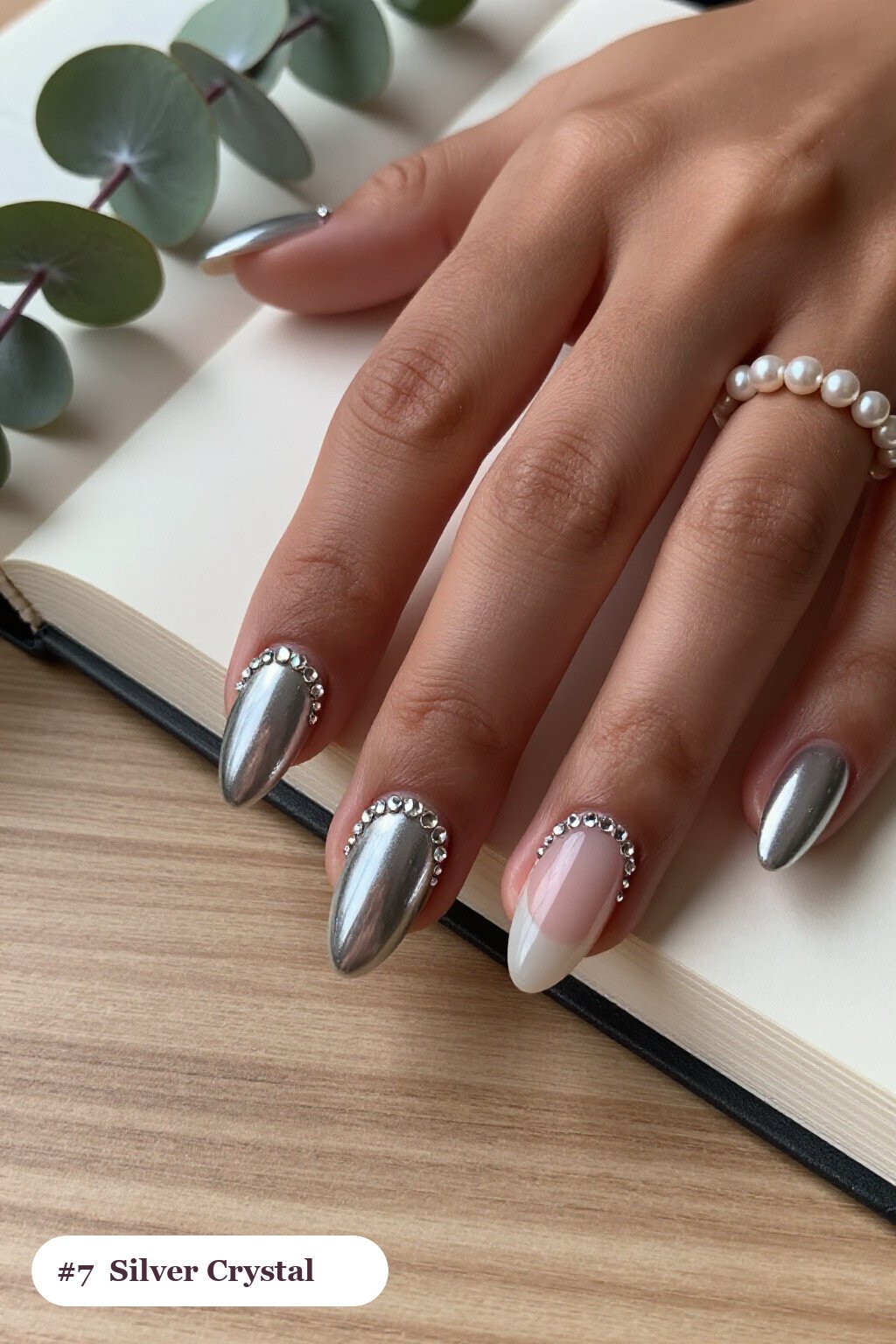 Silver Short Almond Nails Lined with Crystal Rhinestone Rows at the Cuticle - winter short nails Silver Short Almond Nails Lined with Crystal Rhinestone Rows at the Cuticle - winter short nails