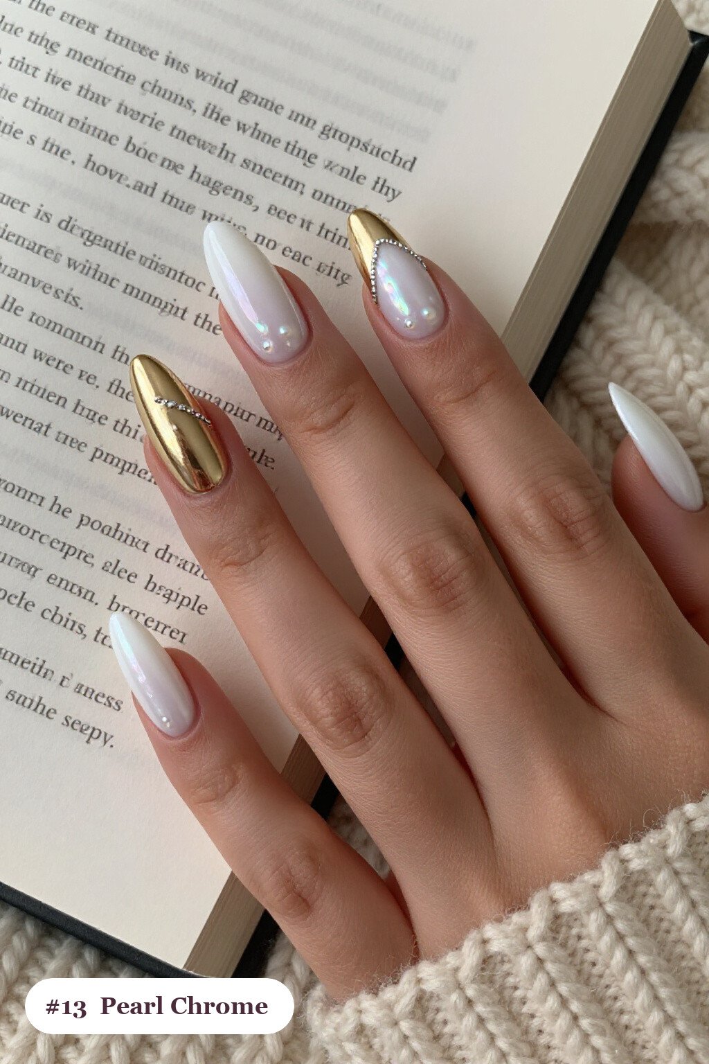 Long coffin white gold nails with glazed pearl chrome over the colour for an iridescent sheen, with silver details, perfect for winter - winter white and gold nails