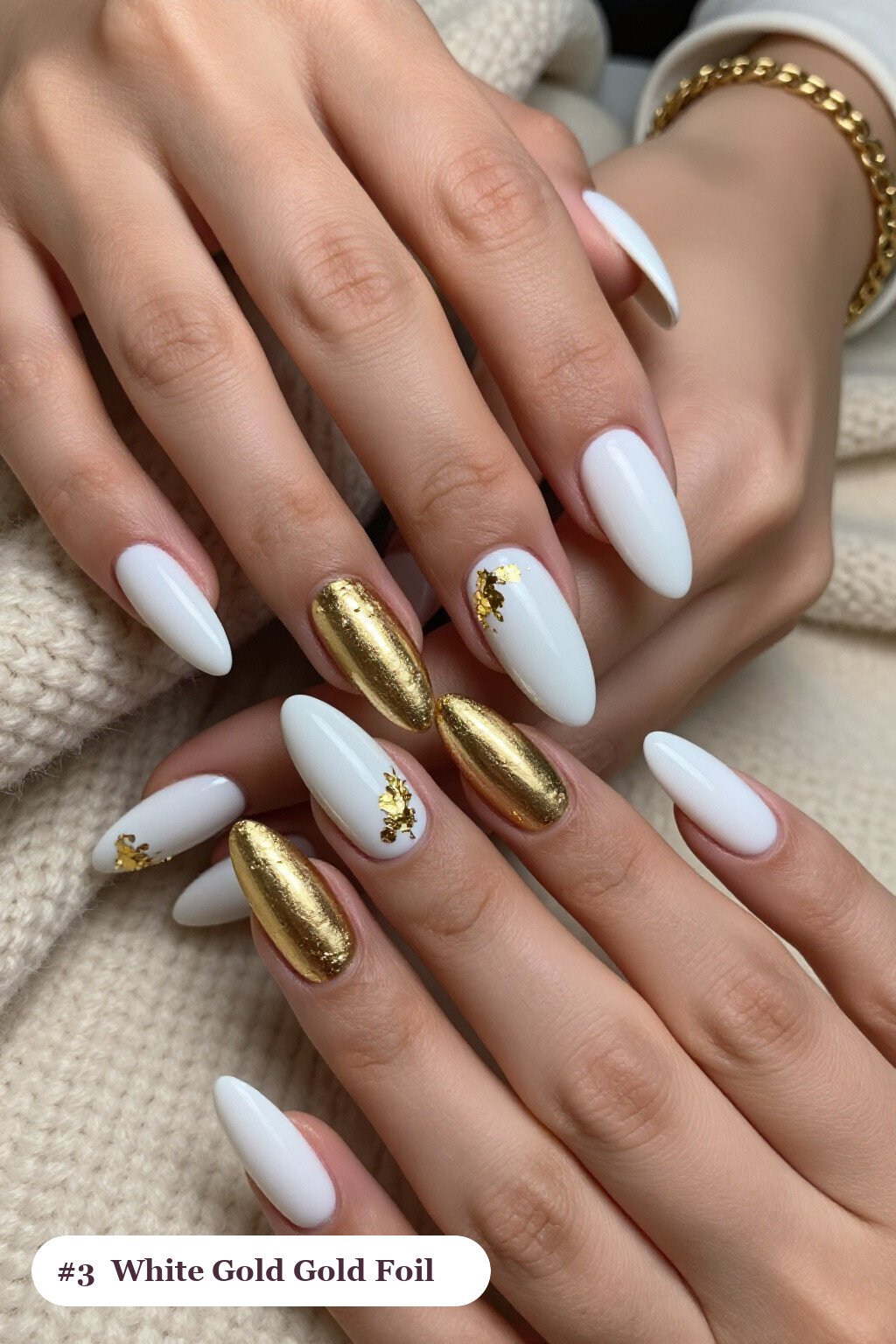 Long coffin white gold nails with dense gold foil flakes and gold leaf scattered across every nail, with champagne details, perfect for winter - winter white and gold nails