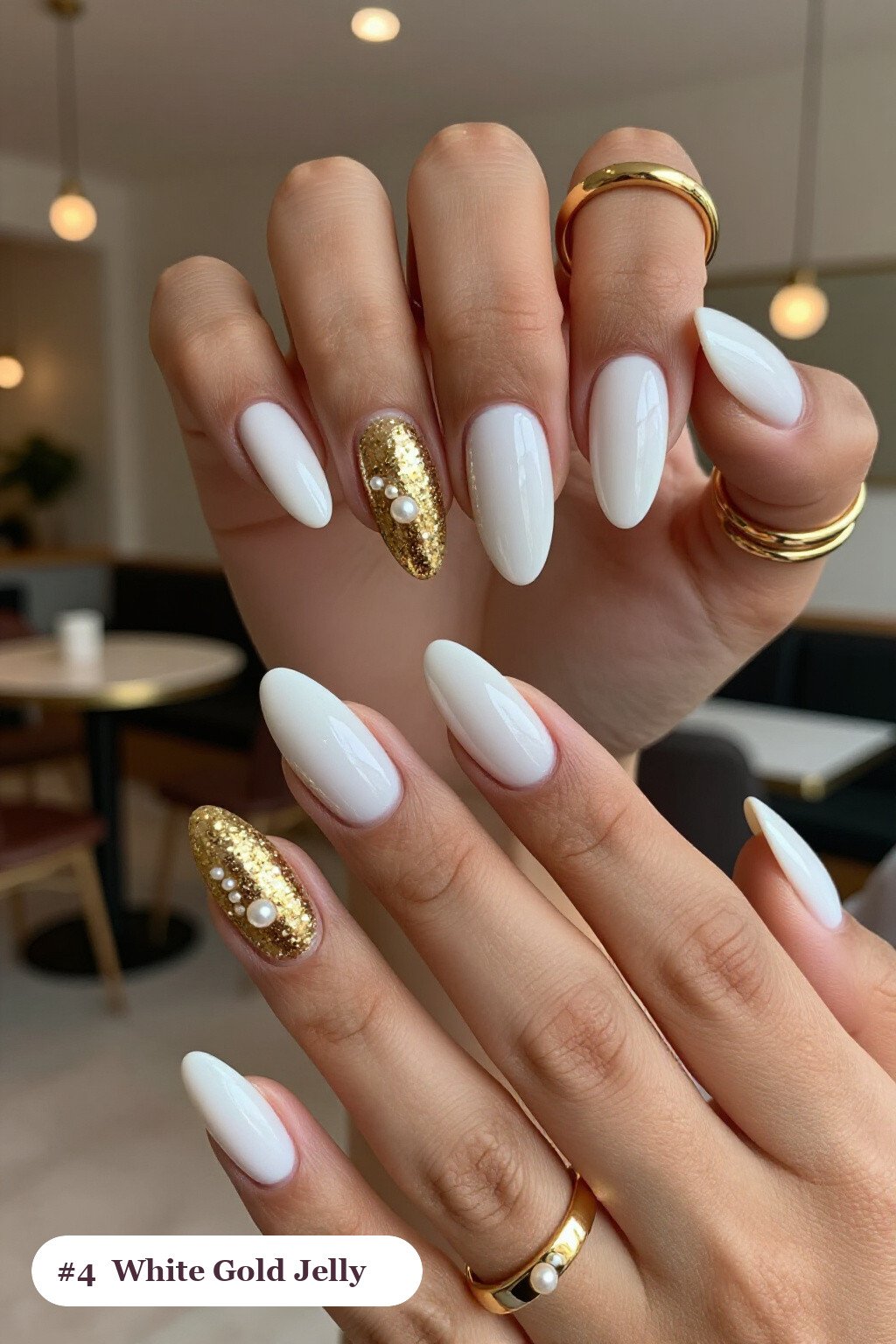 Medium coffin white gold nails in a see-through jelly finish with encapsulated glitter, with pearl details, perfect for winter - winter white and gold nails