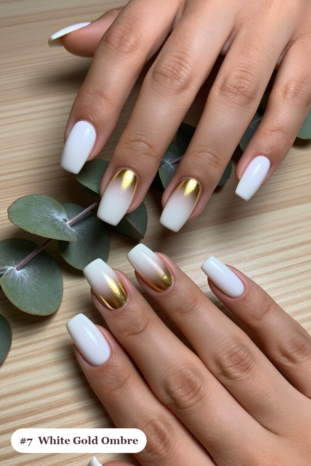 Medium square white gold nails with a vivid two-colour ombre melting from the cuticle to the tips, perfect for winter - winter white and gold nails