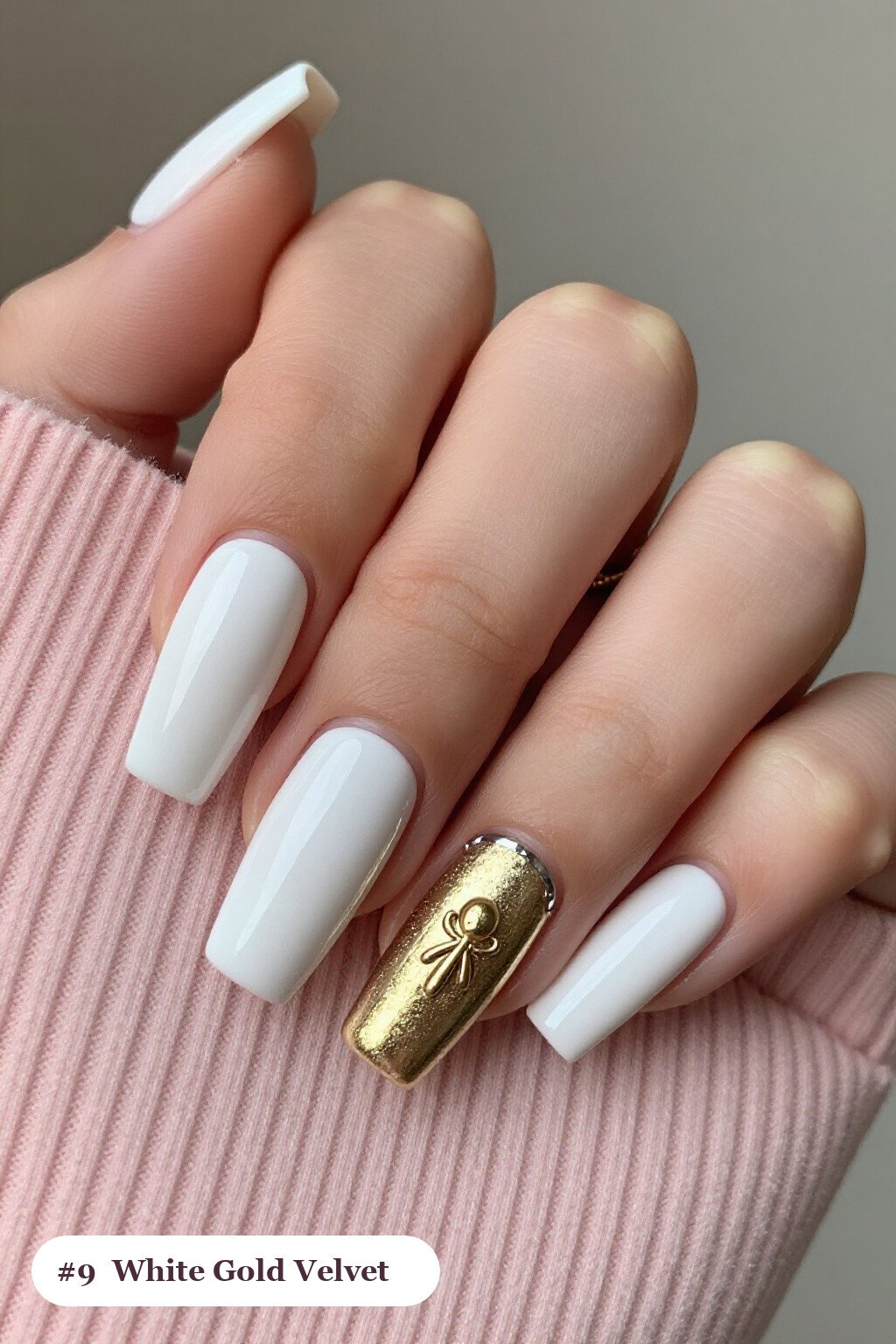 Long square white gold nails in a velvet shimmer finish with one glossy accent nail with a gold charm, with silver chrome details, perfect for winter - winter white and gold nails