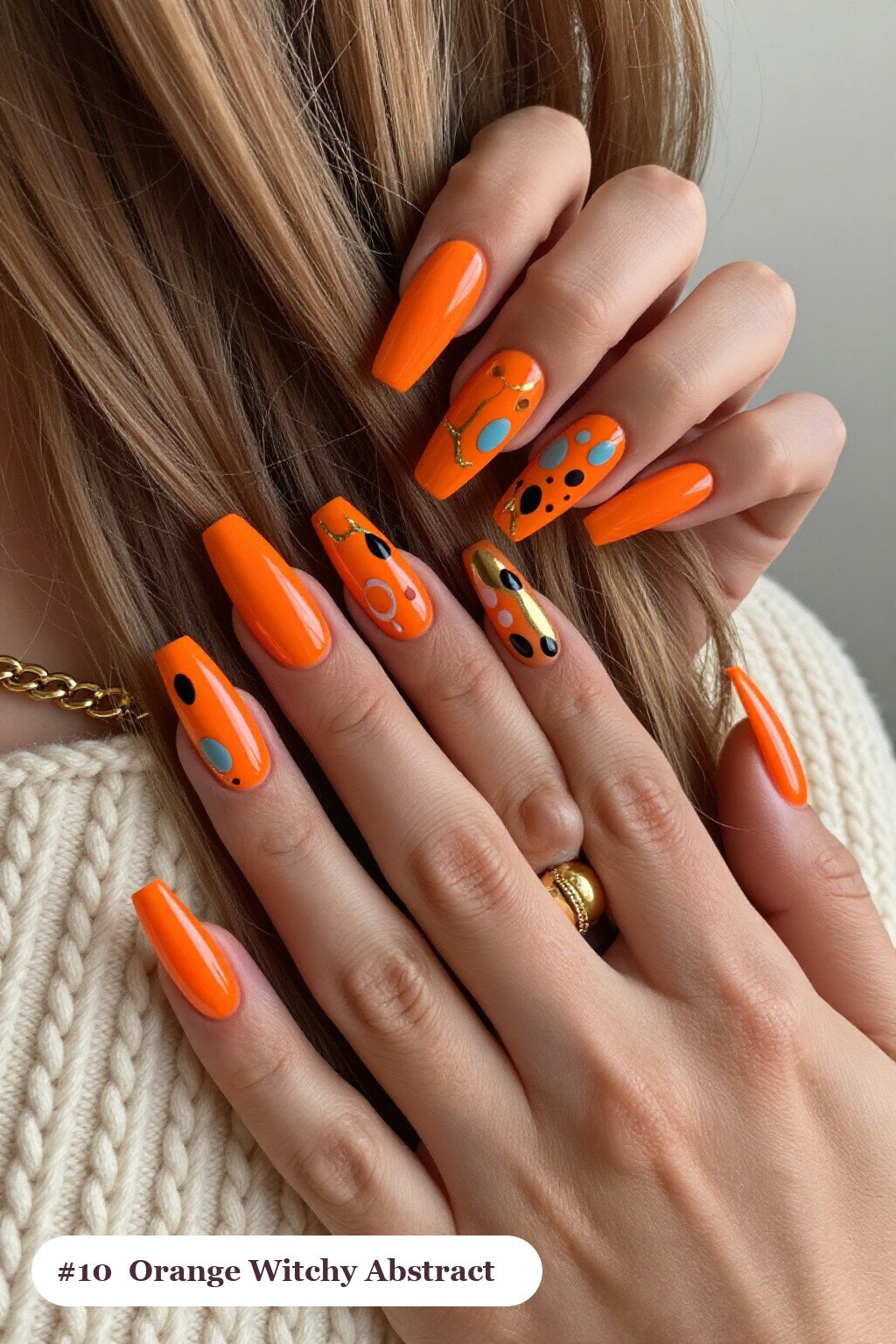 Orange Long Square Nails with Abstract Color Blobs, Gold Outlines & Dots - witchy halloween nail designs