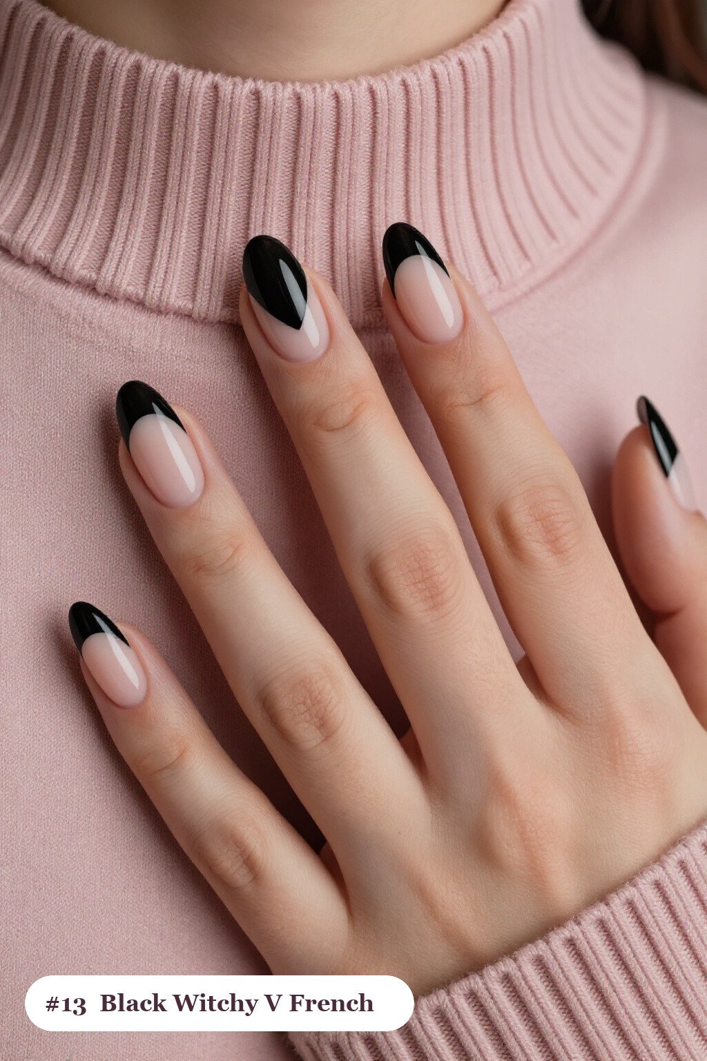 Black Oval Nails with Deep V‑French Tips - witchy halloween nail designs