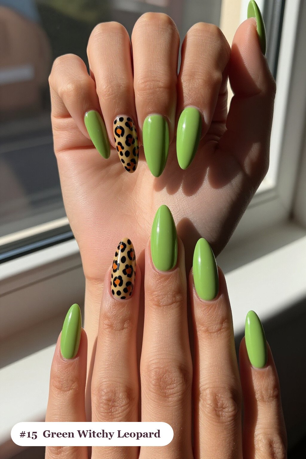 Lime Green Almond Nails with Leopard Print Accents - witchy halloween nail designs