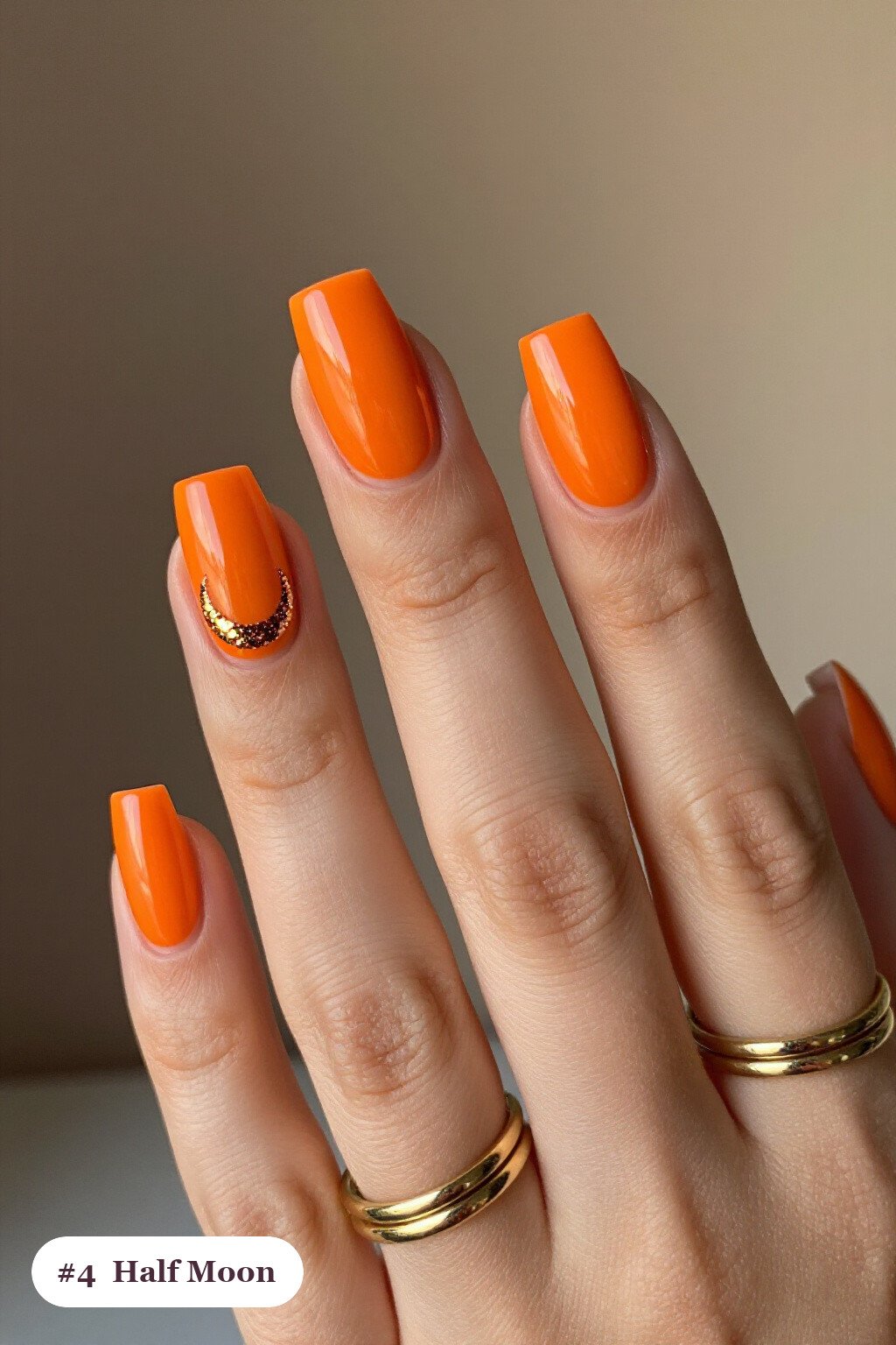 Orange Square Half‑Moon Nails with Glitter Crescent – Witchy Halloween Nail Designs - witchy halloween nail designs