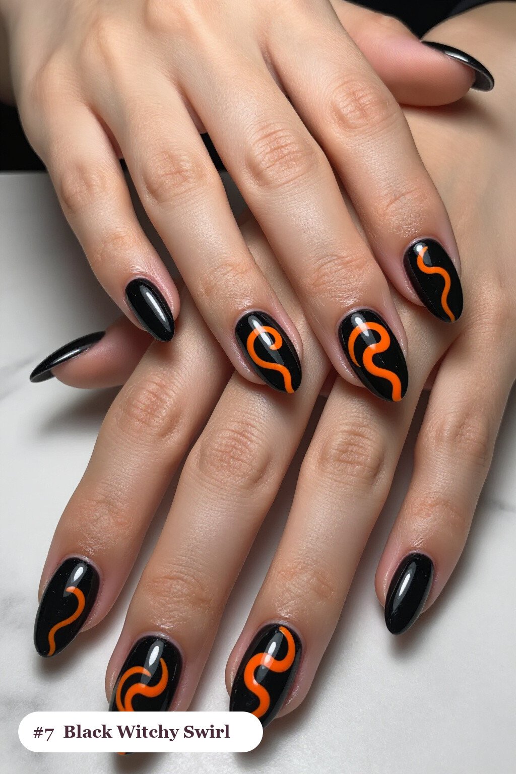 Black Coffin Nails with Hand‑Painted Swirl Lines - witchy halloween nail designs