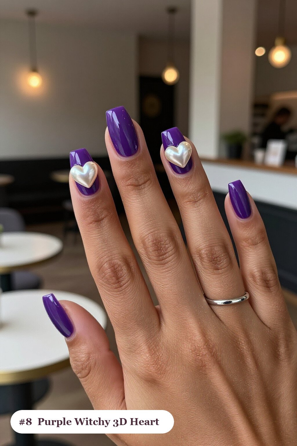 Deep Purple Short Square Nails with 3D Gel Hearts & Pearls - witchy halloween nail designs