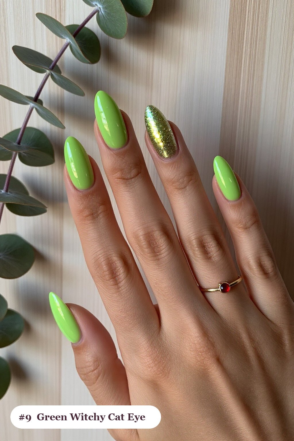 Lime Green Almond Nails with Central Shimmer Gemstone Band - witchy halloween nail designs