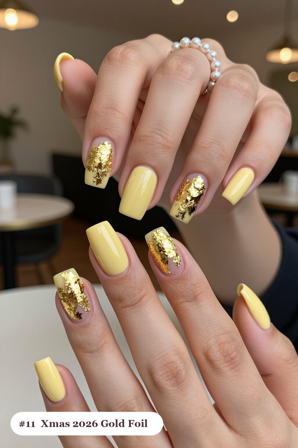 Butter Yellow Square Nails Covered in Dense Gold Foil Flakes - xmas nail ideas 2026