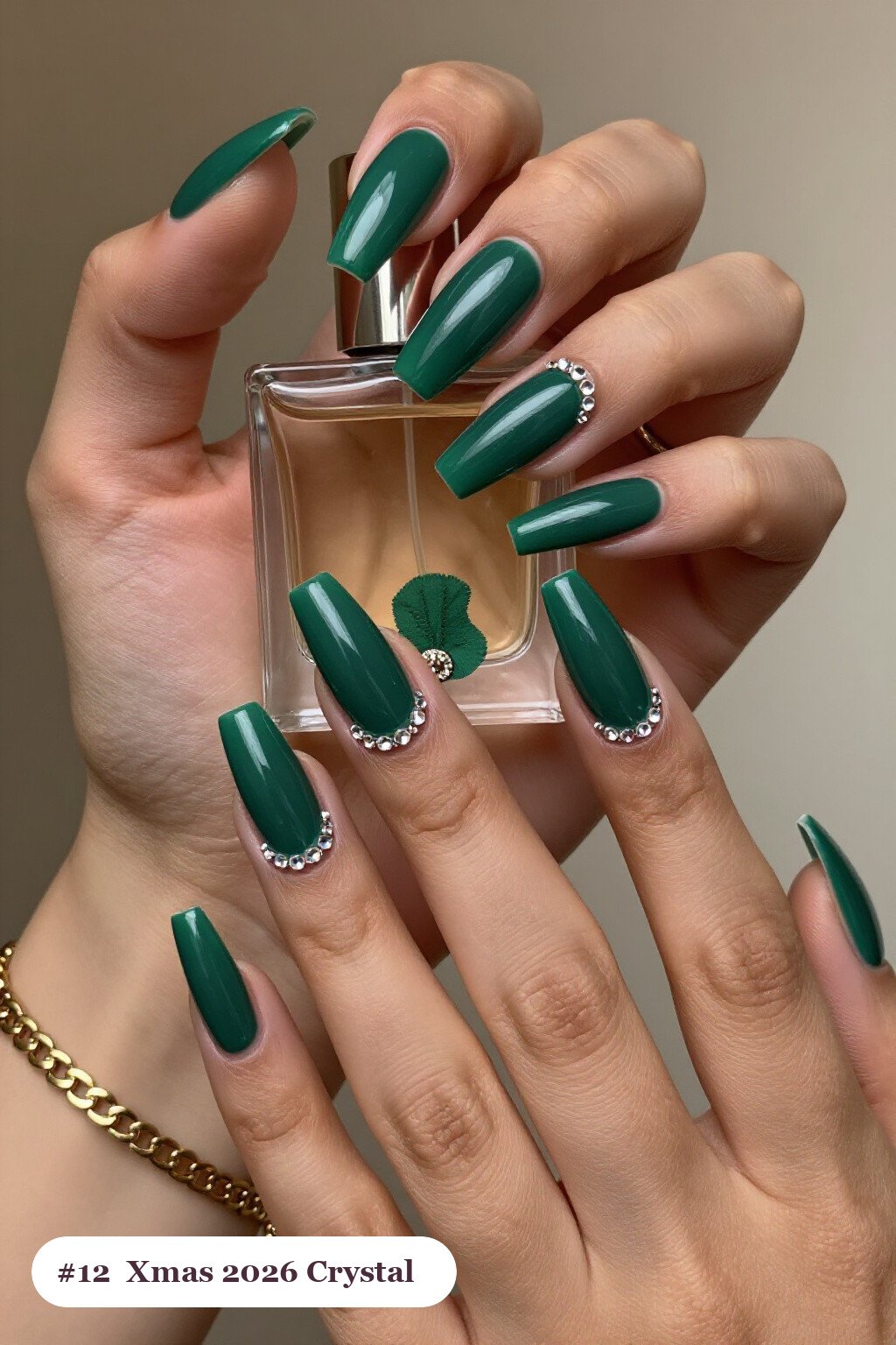 Emerald Green Coffin Nails Lined with Sparkling Crystal Rhinestones - xmas nail ideas 2026