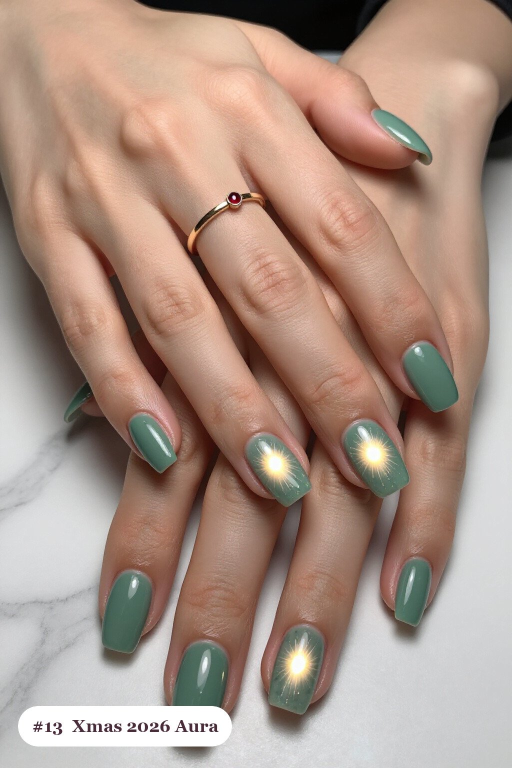 Sage Green Square Nails Airbrushed with a Glowing Central Aura - xmas nail ideas 2026