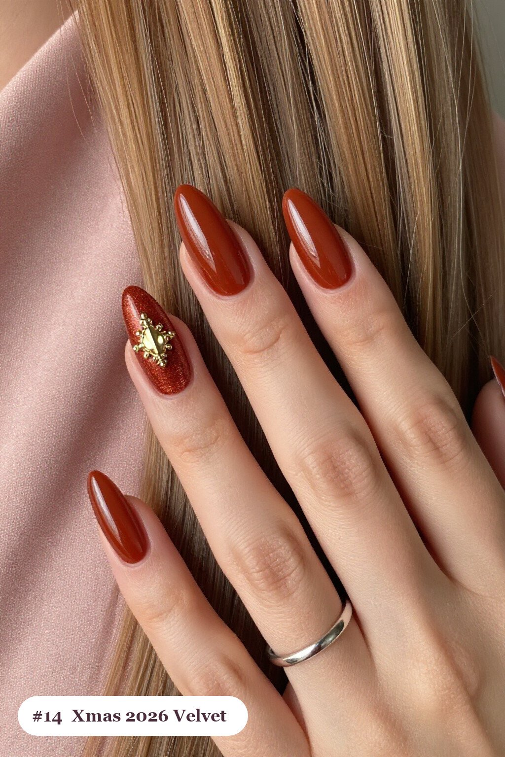 Terracotta Almond Nails in Velvet Shimmer with Gold Charm Accent: On Short Nails - xmas nail ideas 2026