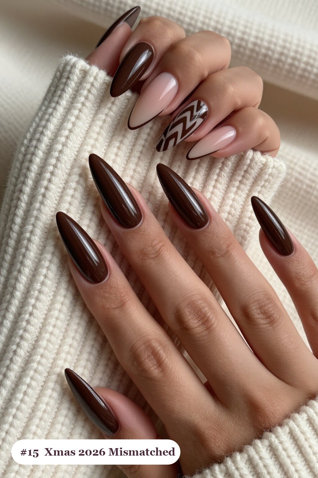 Chocolate Brown Stiletto Nails Mismatched Pattern Set in a Cohesive Color Story - xmas nail ideas 2026