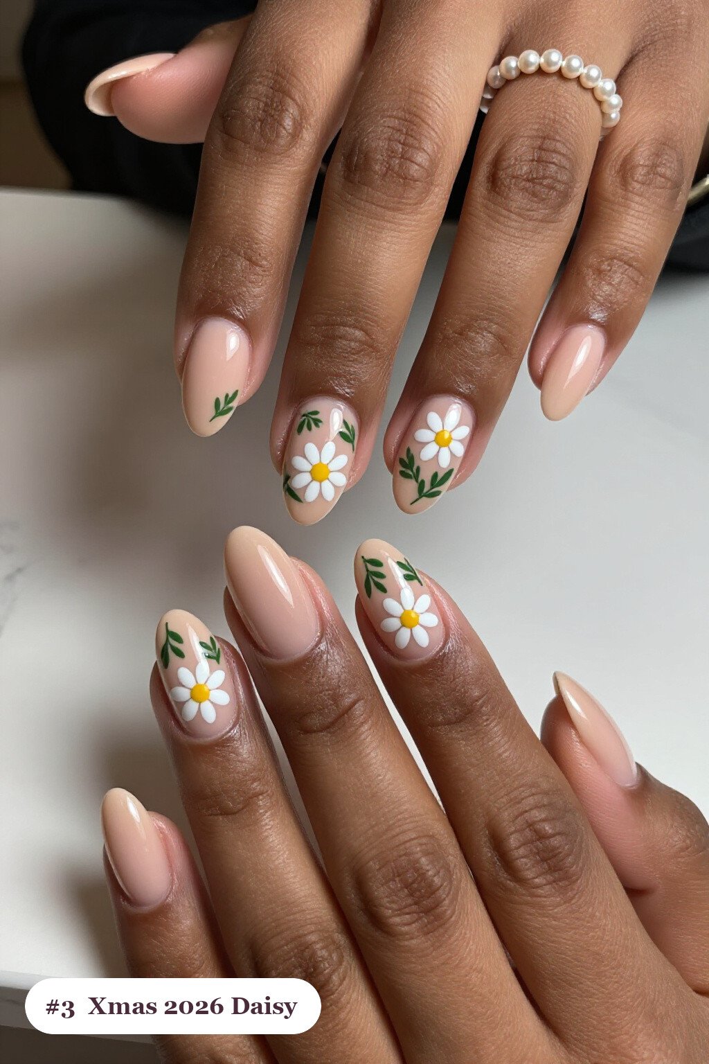 Nude Beige Square Nails Hand‑Painted with Daisies & Green Leaves - xmas nail ideas 2026