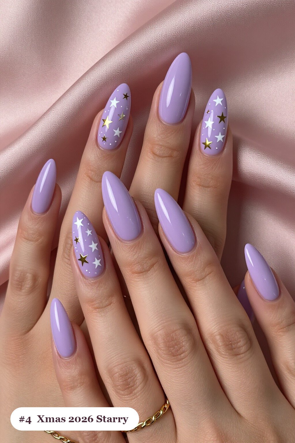 Lilac Almond Nails Sparkling with White & Gold Stars - xmas nail ideas 2026