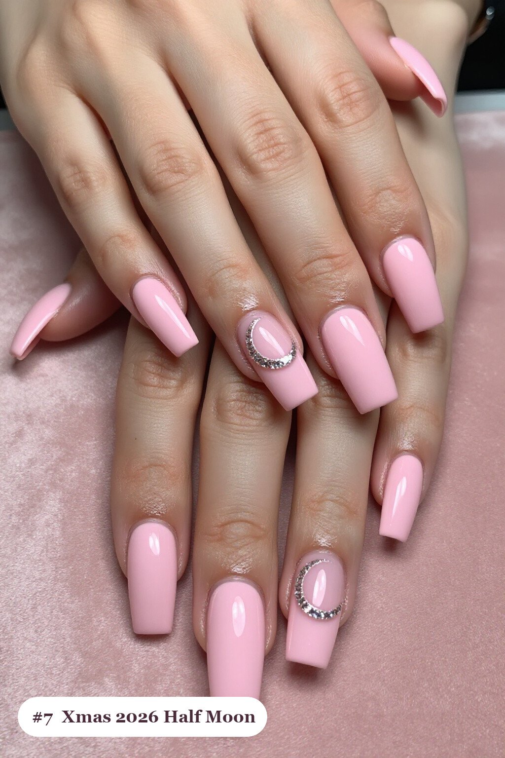 Baby Pink Square Nails with Half‑Moon Glitter Crescent - xmas nail ideas 2026
