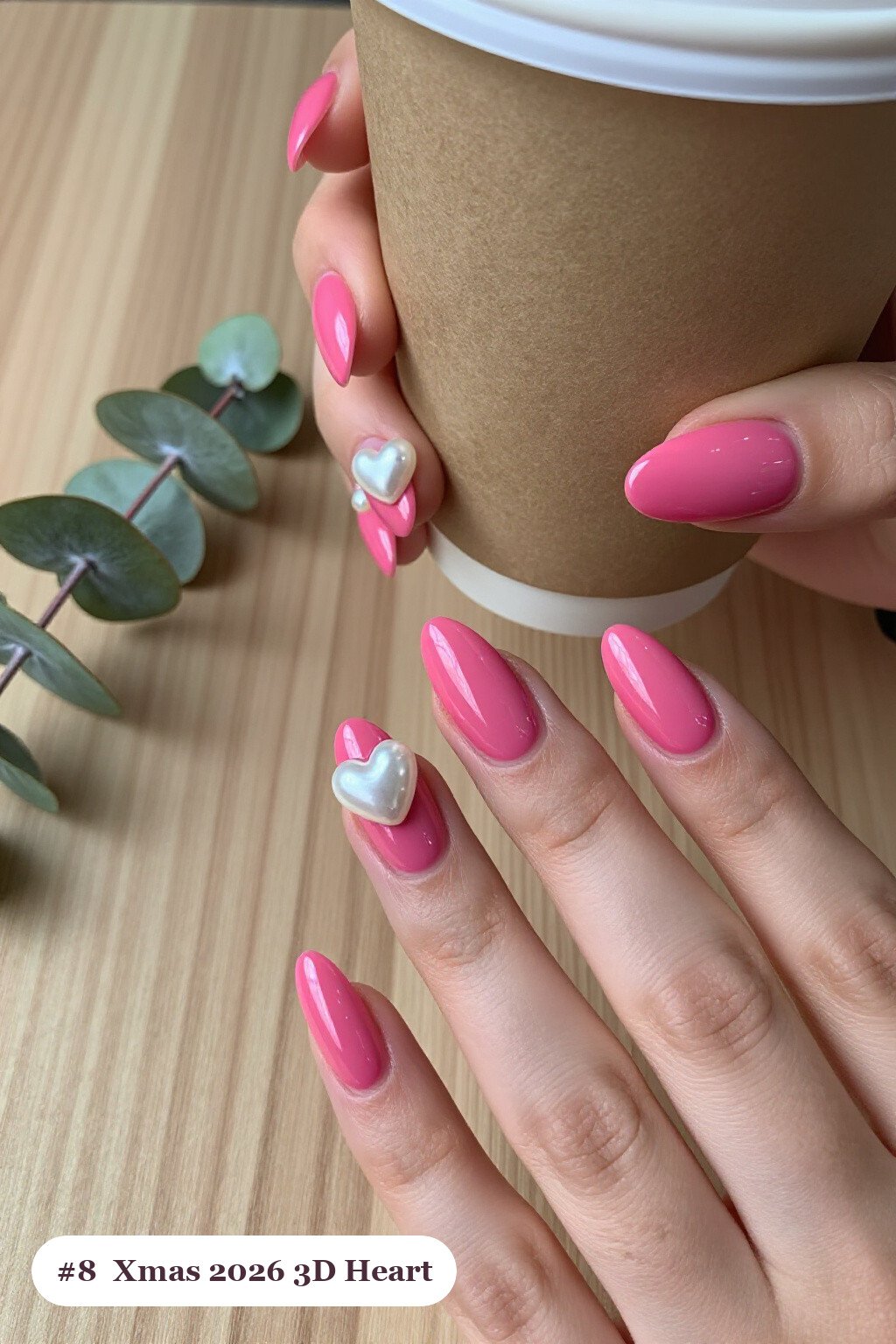 Hot Pink Coffin Nails Adorned with Chunky 3D Gel Hearts and Pearls - xmas nail ideas 2026
