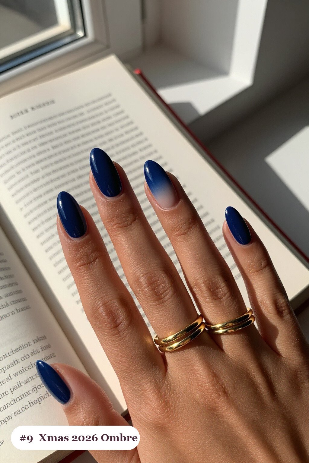 Navy Blue Almond Nails with Two‑Tone Ombre Melt from Cuticle to Tip - xmas nail ideas 2026
