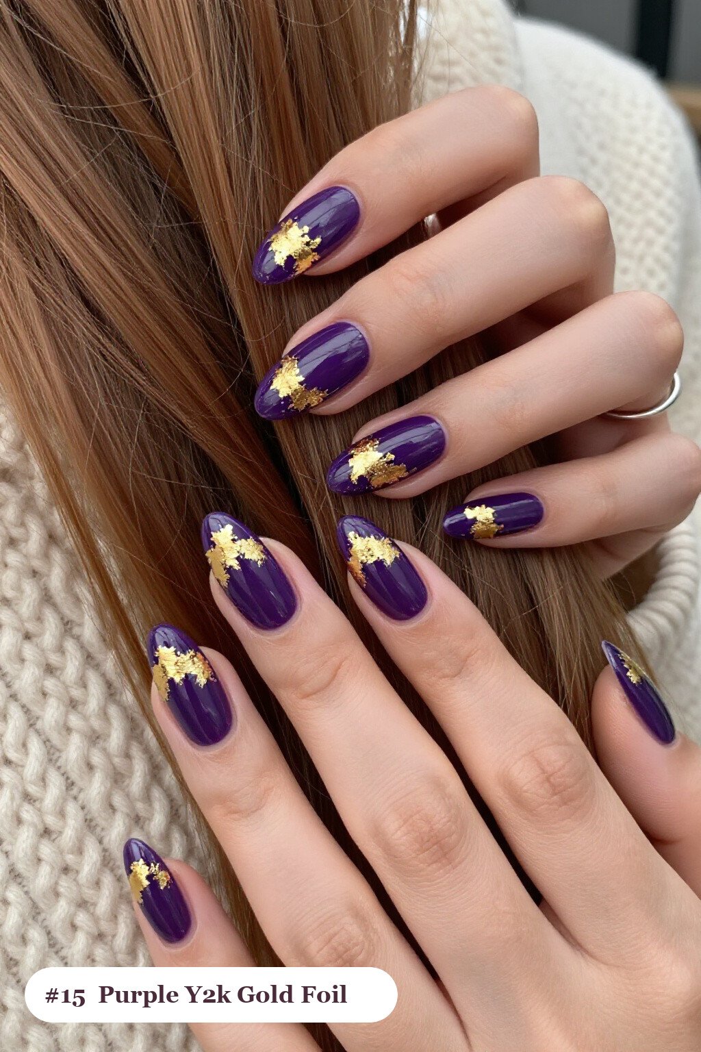 Medium coffin deep purple y2k nails with dense gold foil flakes and gold leaf scattered across every nail, perfect for halloween - y2k halloween nails