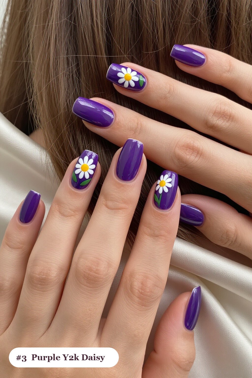 Short square deep purple y2k nails with hand-painted daisies and green leaves across every nail, perfect for halloween - y2k halloween nails